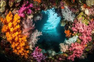 Vibrant coral reef with colorful marine life visible. photo