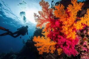 Vibrant coral reef with diver exploring underwater life. photo