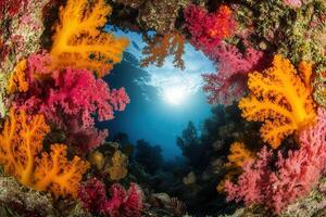 Vibrant coral reef with sunlight filtering through water. photo