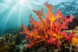 Vibrant coral reef with sunlight filtering through water. photo