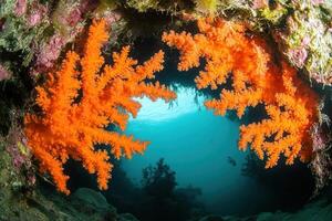 Vibrant orange coral formations in an underwater scene. photo