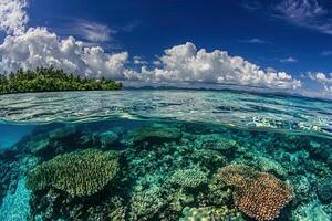 Vibrant underwater coral reef with clear blue waters. photo