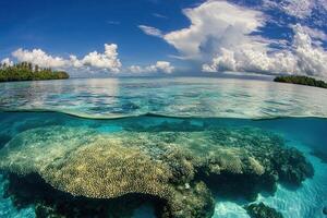 Vibrant underwater coral reef with clear blue waters. photo