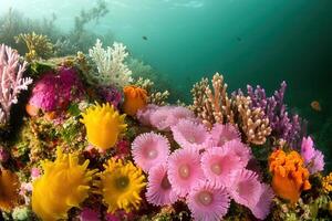 Vibrant underwater coral reef with colorful marine life. photo