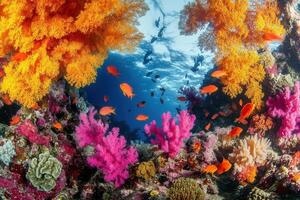 Vibrant underwater scene with colorful corals and fish. photo