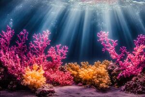 Vibrant underwater coral reef with sunlight rays. photo