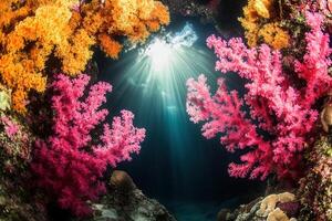 Vibrant underwater scene with colorful corals and light. photo