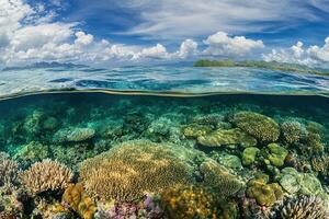 Vibrant coral reef under clear blue water. photo