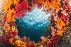 Vibrant coral reef viewed from below the water's surface. photo