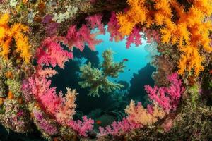 Vibrant coral reef viewed through a circular opening. photo