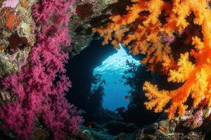 Vibrant coral reef viewed through an underwater opening. photo