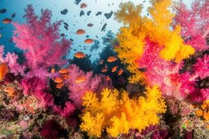 Vibrant coral reef with colorful fish and coral formations. photo