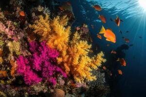 Vibrant coral reef with colorful fish swimming nearby. photo