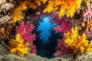 Vibrant coral reef with colorful marine flora. photo