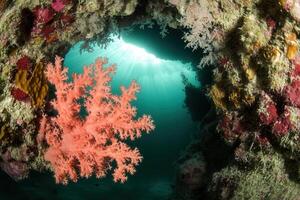 Vibrant coral reef with sunlight filtering through water. photo