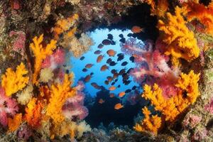 Vibrant underwater scene with colorful corals and fish. photo