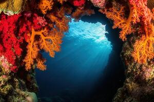Vibrant coral reef with sunlight filtering through. photo