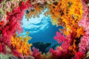 Vibrant underwater scene framed by colorful corals. photo