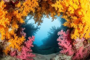 Vibrant underwater scene framed by colorful corals. photo