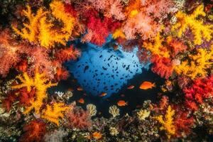 Vibrant underwater scene with colorful coral and fish. photo