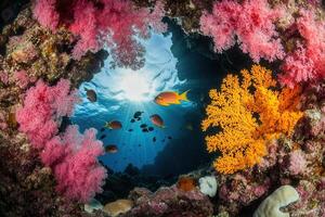 Vibrant underwater scene with colorful coral and fish. photo