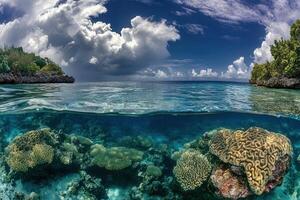 Vibrant underwater scene showcasing coral reefs and sky. photo