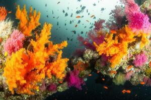 Vibrant underwater scene with colorful coral and fish. photo