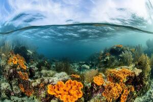 Vibrant underwater scene with colorful coral formations. photo