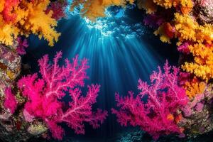 Vibrant underwater scene with colorful coral reefs. photo