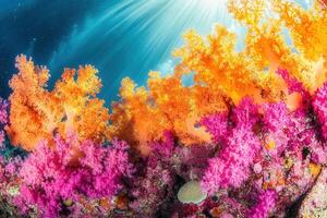 Vibrant underwater scene with colorful coral reefs. photo