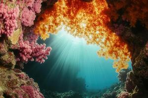 Vibrant underwater scene with colorful corals and light. photo