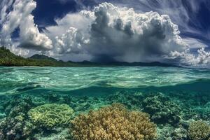 Vibrant underwater scene with coral and clouds above. photo