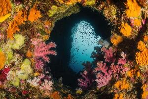 Vibrant underwater scene with coral and fish. photo