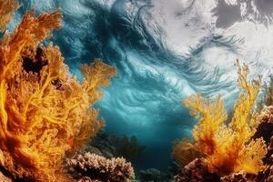 Vibrant underwater scene with coral and ocean waves. photo