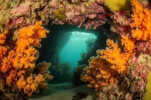 Vibrant underwater scene with coral and marine life. photo