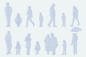 flat minimal people male and female illustration in winter clothing concept isolated set collection. Outline with silhouette shadow. For architecture rendering, design, info graphic, media vector