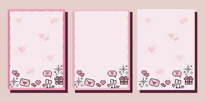 Valentine love notes and letters concept print template. Pastel flat illustration in 8bit pixel style. For letter, scrapbooking, invitation, greeting card. A4 format vector