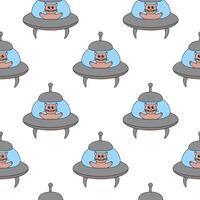 Seamless Pattern with funny cat in UFO spaceship. Flat Illustration. vector