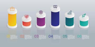 6 color cylinder 3D chart template with business icons vector