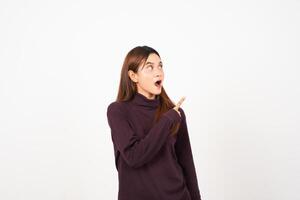 Wow Face Reaction, Presenting and Pointing aside copy space for advertising showing product Of Beautiful Asian Woman Isolated On White Background photo