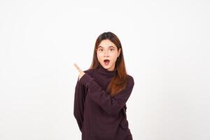 Wow Face Reaction, Presenting and Pointing aside copy space for advertising showing product Of Beautiful Asian Woman Isolated On White Background photo