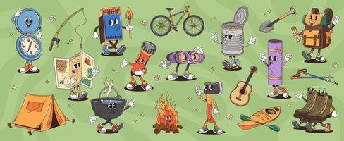Retro cartoon groovy travel characters set vector