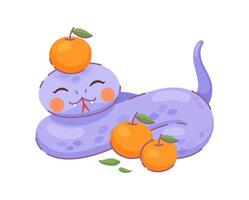 Charming cartoon snake character with mandarins vector