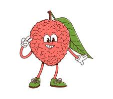 Cartoon groovy lychee fruit character with a leaf vector