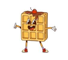 Cartoon Belgian waffle retro groovy character vector