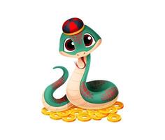 Cartoon snake character with sitting on gold coins vector