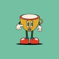 A cheerful yellow cup character with arms and legs, wearing red shoes and pointing. Perfect for fun, playful designs related to coffee, tea, or beverages. vector