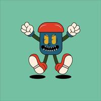 An angry trash can character with arms and legs, wearing red shoes and clenching its fists. Perfect for fun, playful designs related to cleanliness, hygiene, and waste management. vector