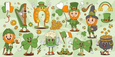 Cartoon retro groovy characters of St Patrick Day vector