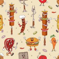Groovy barbeque characters, bbq grill pattern vector